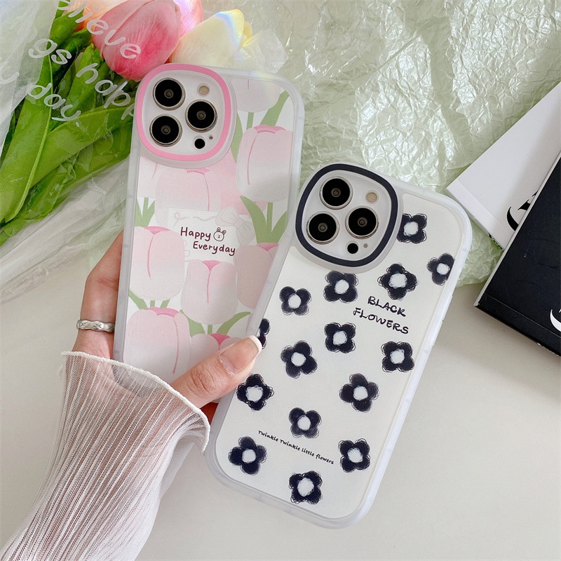 IPHONE Bunga Hitam Pink Peach Musim Panas Lembut Ponsel Case Cover Pelindung Untuk Iphone7 8 PLUS X XR XS 11 12 13 PRO MAX SE 2020