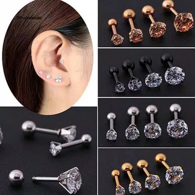 1Pc Anting Tusuk Titanium Zircon Berlian Bentuk Tulang Ukuran 3mm sampai 6mm untuk pria Wanita