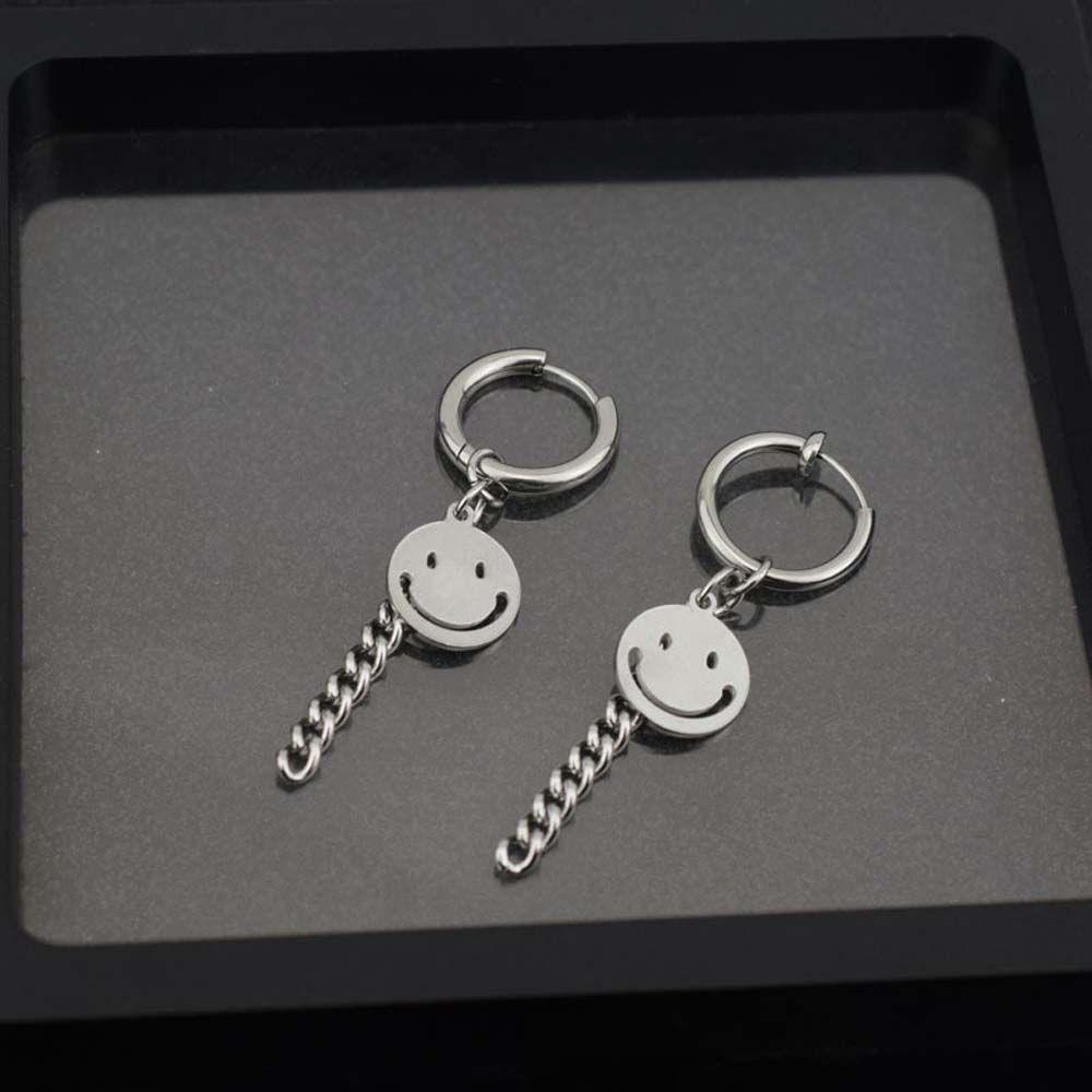 Needway Smiley Hoop Earring Pria Keren Hiphop Punk Rantai Stainless Steel Rumbai Pria Klip Telinga