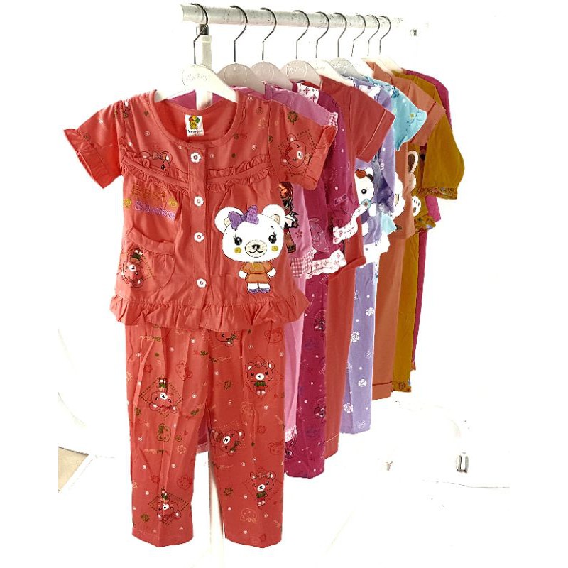 BAJU TIDUR KAOS ANAK PEREMPUAN 1-9 TAHUN MOTIF RANDOM LENGAN PENDEK CELANA PANJANG