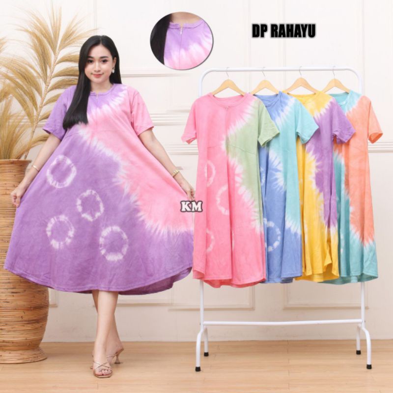 Daster Payung Jumbo Lengan Pendek Bahan Kaos Model Tiedye Busui Resleting Depan Dress Kekinian Terbaru Termurah