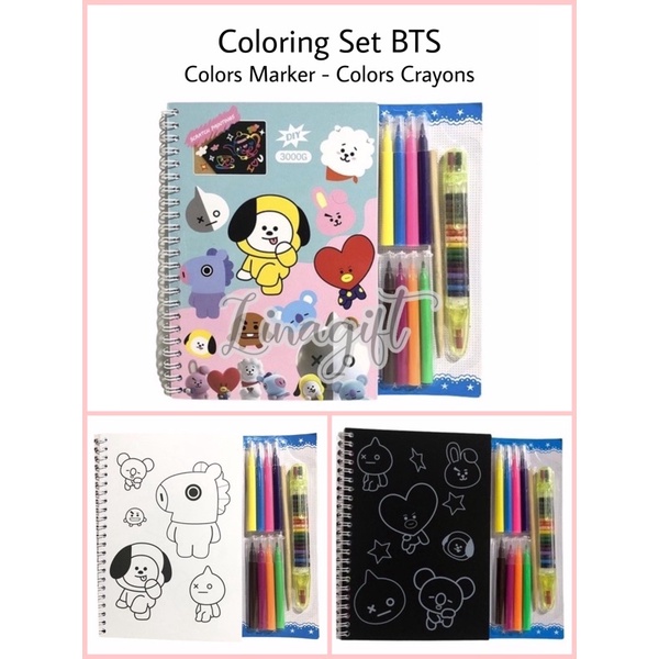 STATIONERY DRAWING BOOK SCRATCH PAINTING BUKU SKETSA MEWARNAI BTS / COLORING BOOK SET BTS - STATIONERY CRAYONS MARKERS BT21