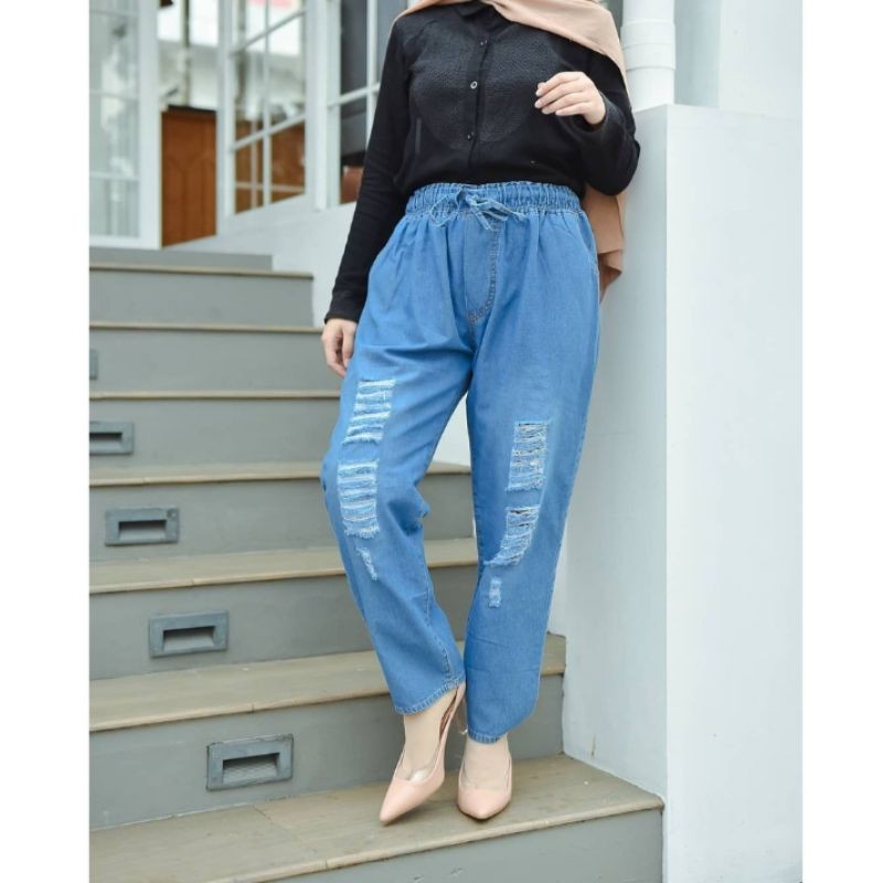 CELANA PANJANG BAGGY RIPPED SOBEK JEANS DENIM WANITA. CELANA STANDAR - SUPER JUMBO