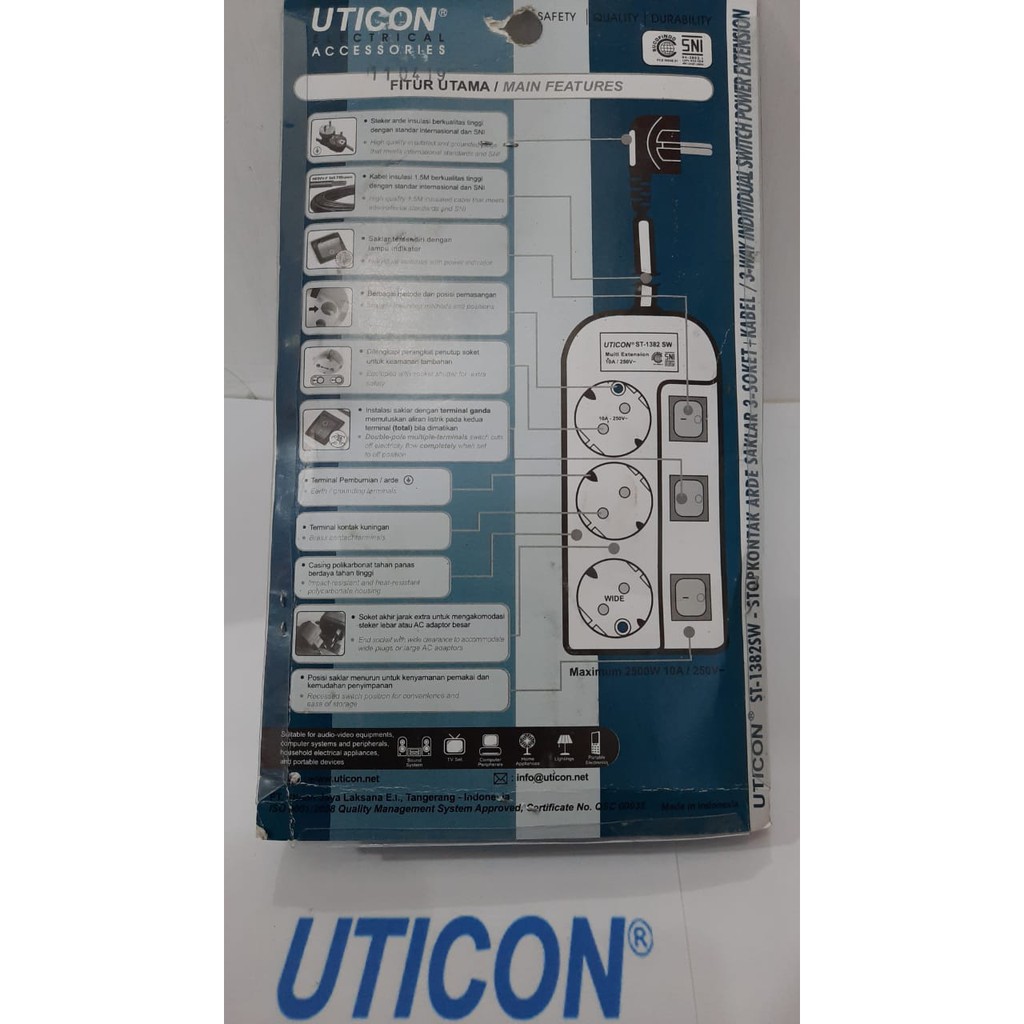 STOP KONTAK 3 LUBANG + SAKLAR TERSENDIRI KABEL 1.5M UTICON ST-1382 SW