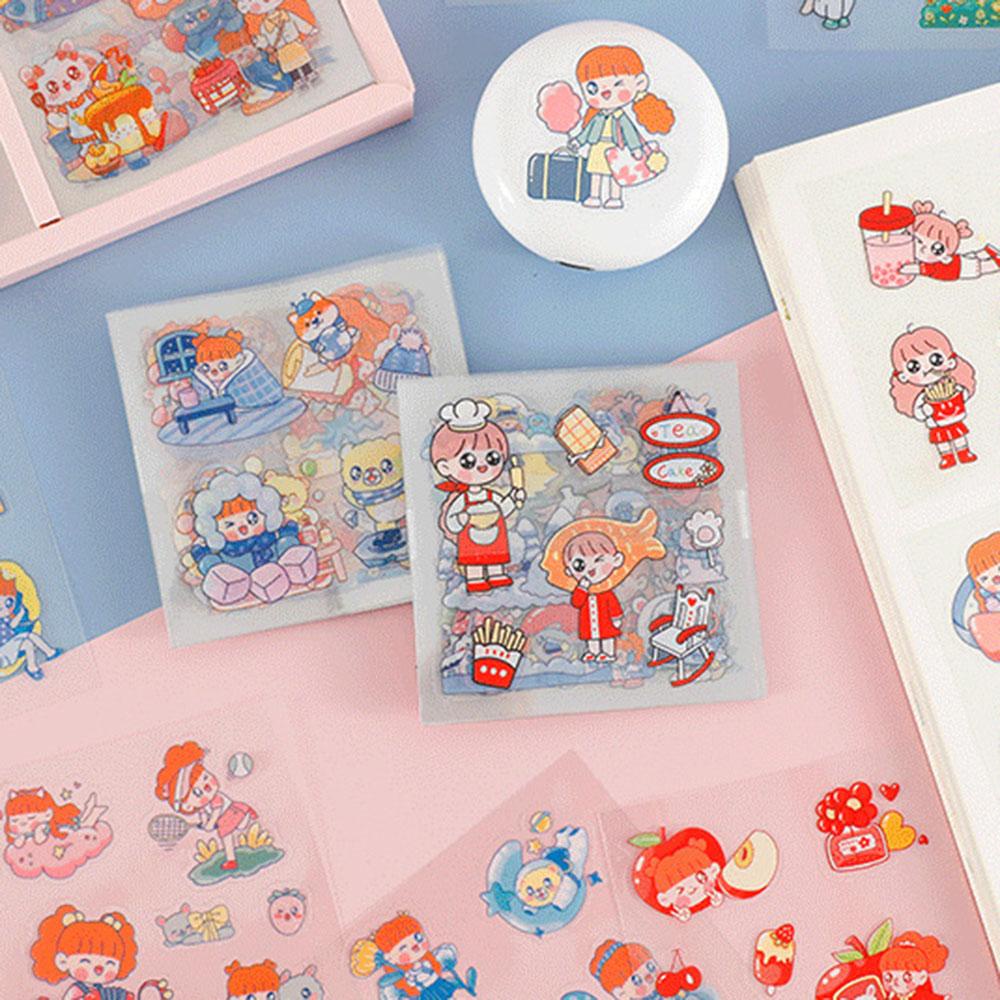 Lanfy Stiker PET Lucu Set Gift Box Perekat Packing Dekorasi Tahan Air Minuman Makanan Hewan Perempuan Pola Diary Foto Album Kertas Decals