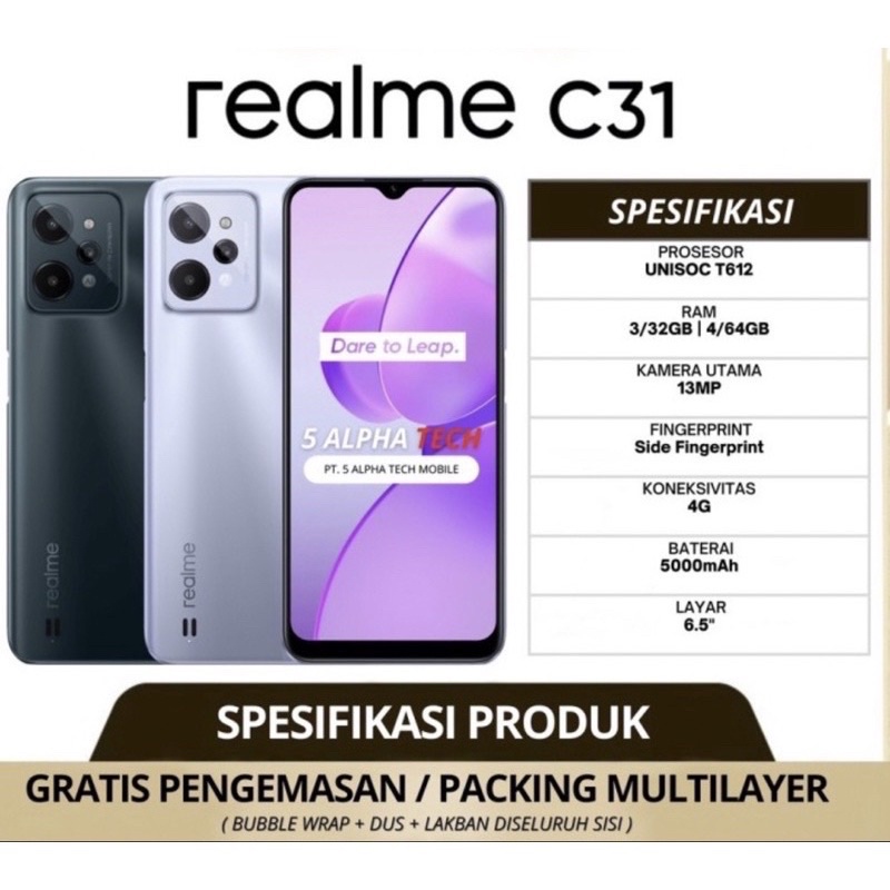 Realme C31 3/32GB, 4/64GB (Powerfull Unisoc T612 Processor) Garansi 1tahun