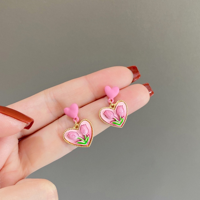 Anting Bentuk Hati Warna Pink Gaya Korea