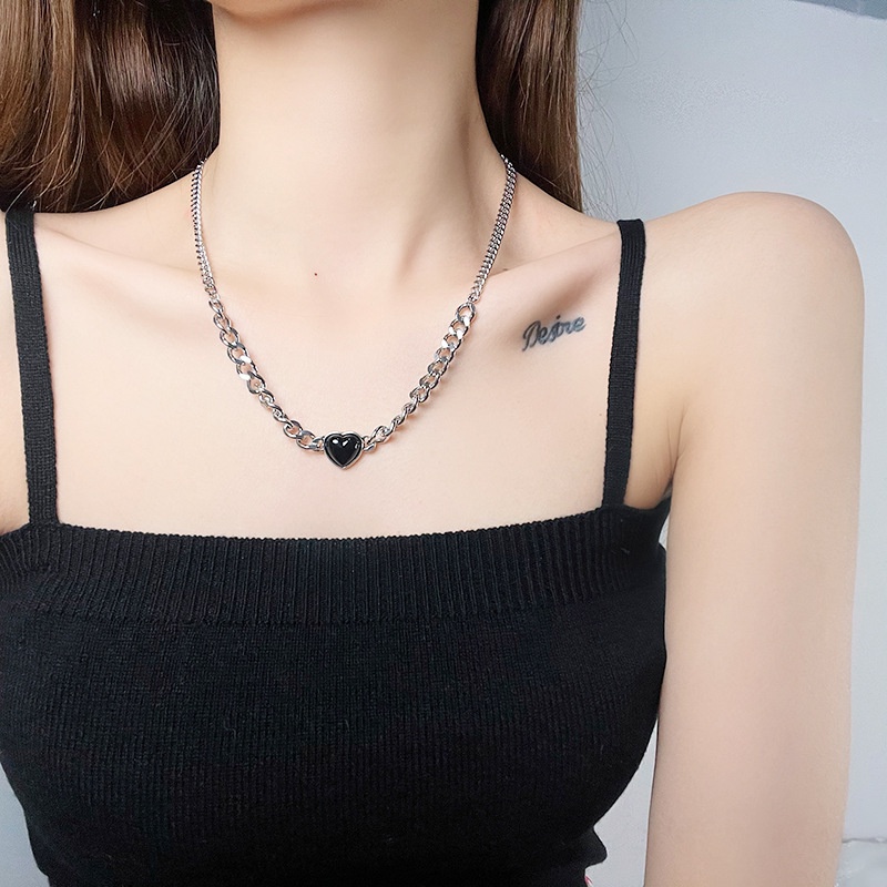 Classic Black Love Stainless Steel Necklace Bracelet Metal Clavicle Chain Personality Punk Accessories