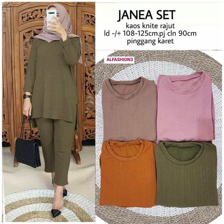 MUFASH - Setelan Muslimah Celana Lengan Panjang Bahan Knit Rajut Kaos Janea Set by Alfashion Fashion