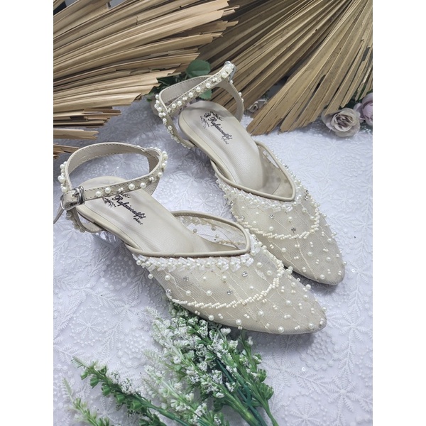 RaFaiZoutfit-reyna  sepatu wedding wanita sepatu cantik hells cream tali tinggi 3cm kaca