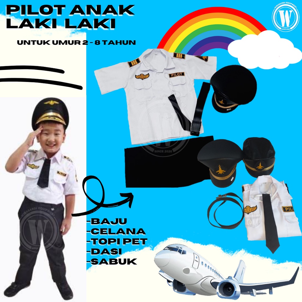 Baju PILOT anak laki laki/perempuan seragam kostum profesi anak PAKET KOMPLIT termurah