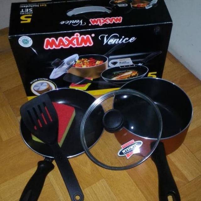 MAXIM Venice 5 Set/ Fry pan + Panci Tutup Kaca + Spons + Spatula