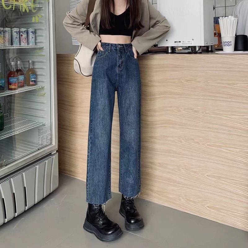 Jeans Biru Cropped Longgar Pinggang Tinggi Baru Untuk Wanita