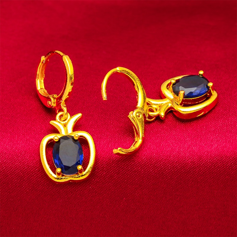 Anting Lapis Emas Asli Kadar 375 Bentuk Apel Aksen Sapphire Emerald Zircon Untuk Wanita