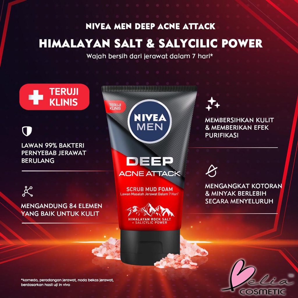 ❤ BELIA ❤ NIVEA MEN Deep Acne Attack 100ml | Scrub Mud Foam | Facial Wash | Facial Foam | BPOM