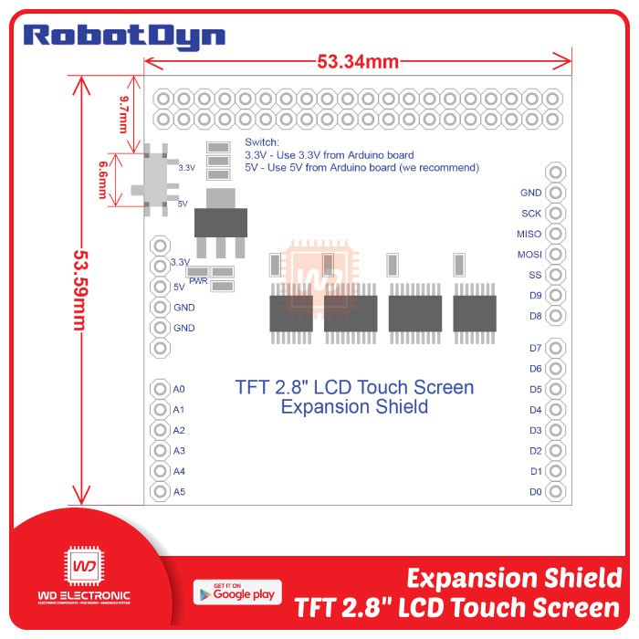 EXPANSION SHIELD FOR TFT 2.8 INCH LCD TOUCH SCREEN FOR UNO MEGA