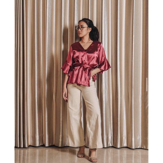 Magda Kimono Top - Atasan Wanita kemeja blouse satin wrap fuschia biru coklat
