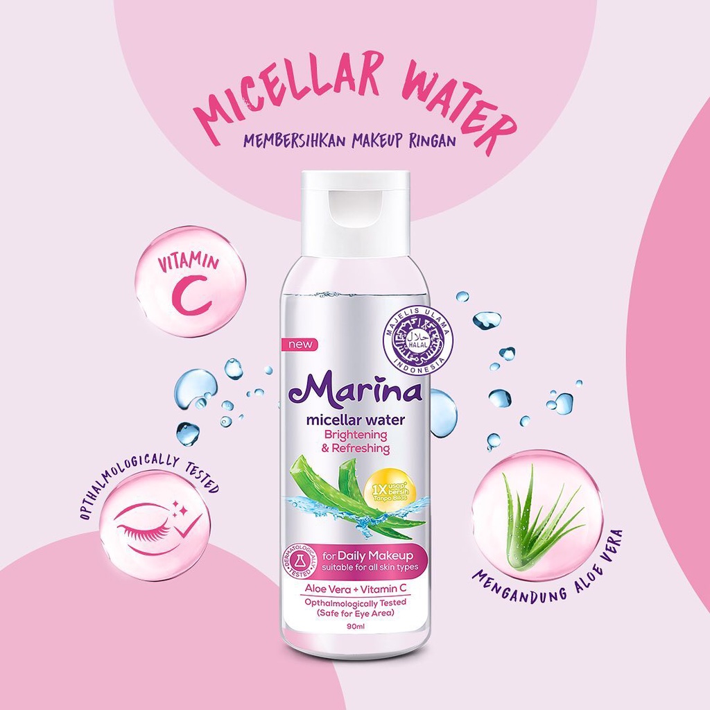 ❤ UNDER100 ❤ MARINA Micellar Water Brightening &amp; Refreshing | Purifying &amp; Softening | 90ml | Pembersih Make Up Waterproof | BPOM