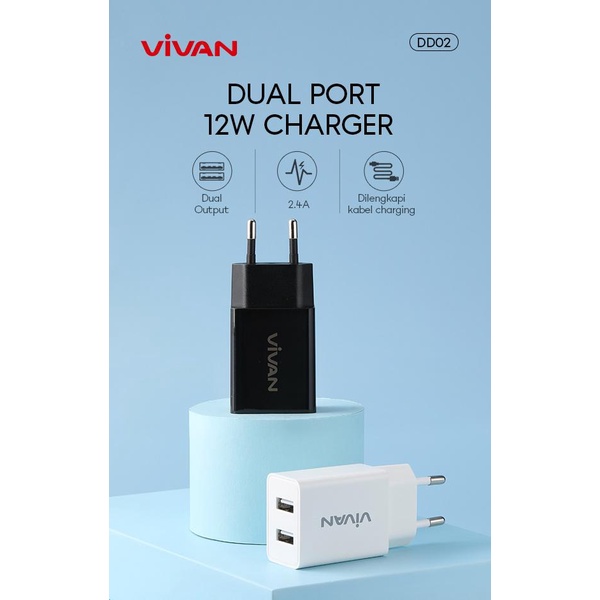 VIVAN Dual USB Charger 2.4A DD02 12W with Charging Cable - Black and White