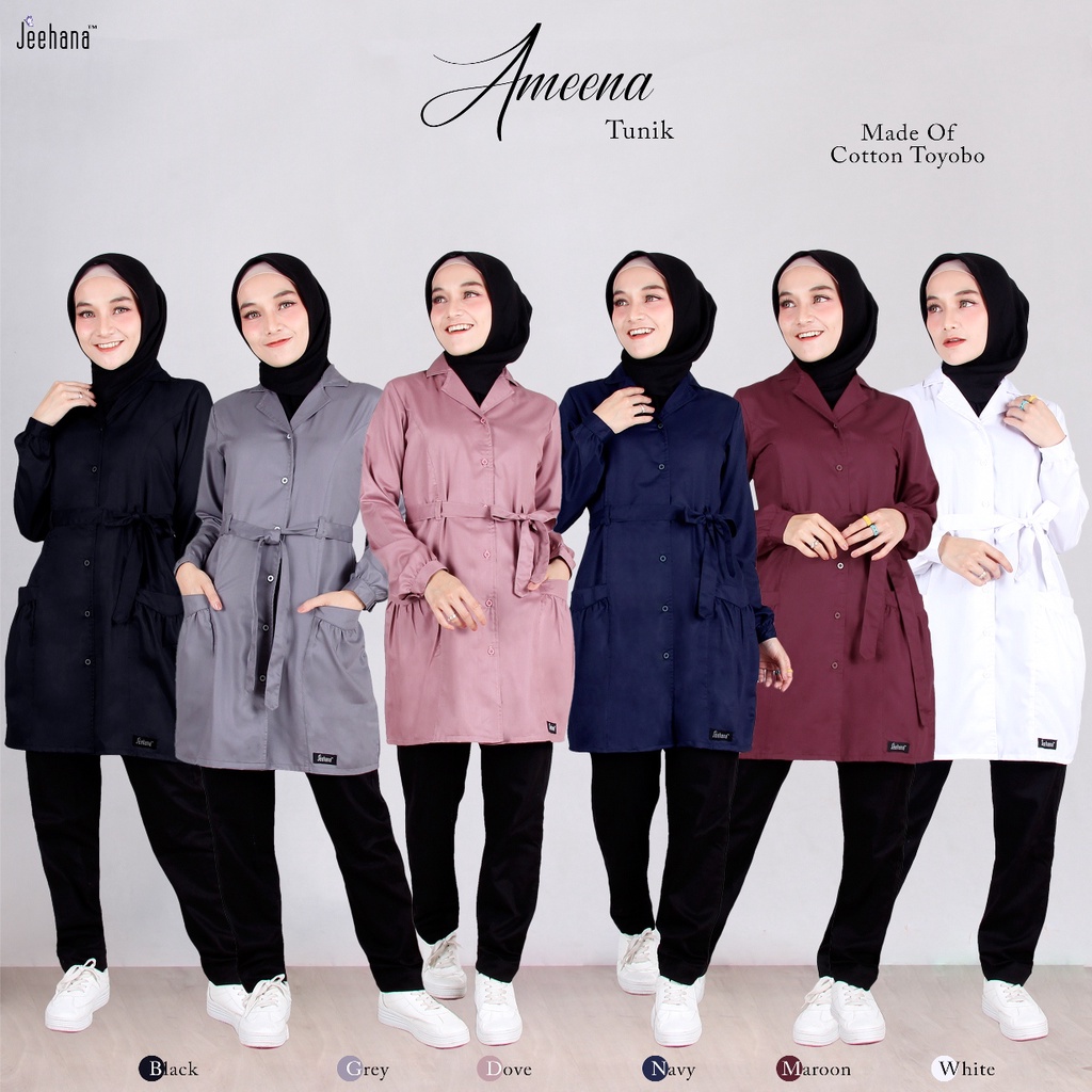 Tunik Ameena Alzam / Baju Atasan Tunik Putih Panjang Muslim / baju Hitam wanita Bahan Toyobo Fodu