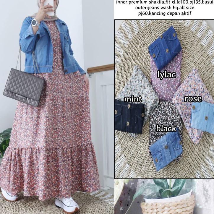 [KODE TQLU7] belia one set jaket jeans crop wanita gamis motif bunga N&D gamis syakila dress import 