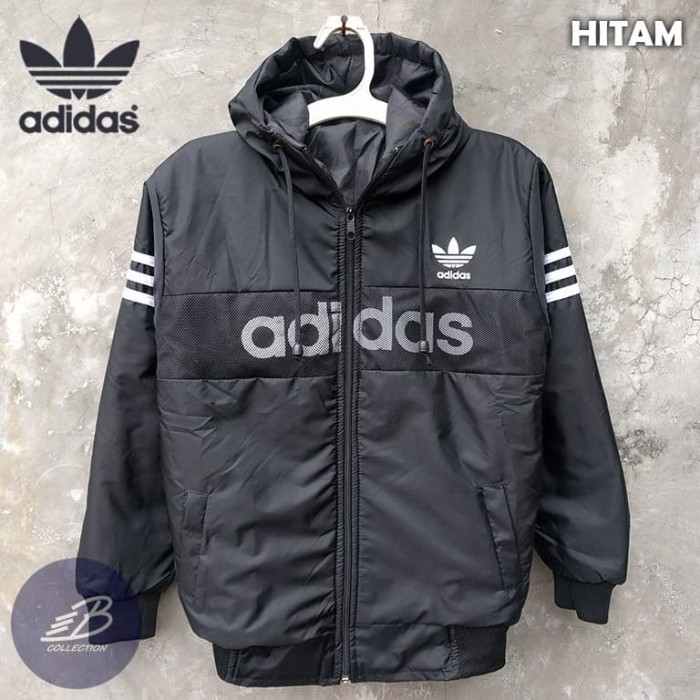 Jaket Adidas Anak Bahan Parasut Tebal Hoodie Ukuran Tanggung Hitam - 6-10 tahun, Sablon Putih