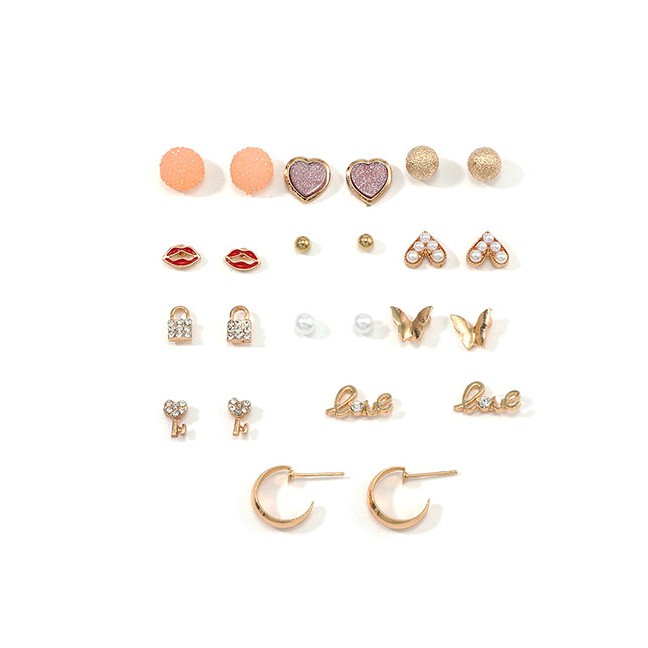 LRC Anting Set Fashion Golden Love Butterfly Lock Diamond Earring Set D63057