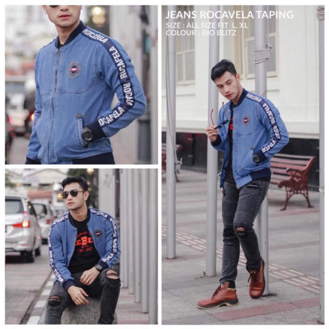 Jaket jens rocafela pita sablon/jaket milenial/jaket cucian woshing