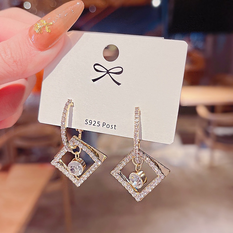 Anting Tusuk Gantung Bahan Sterling silver 925 Desain Geometri Hias Zircon / Berlian High Quality Untuk Wanita