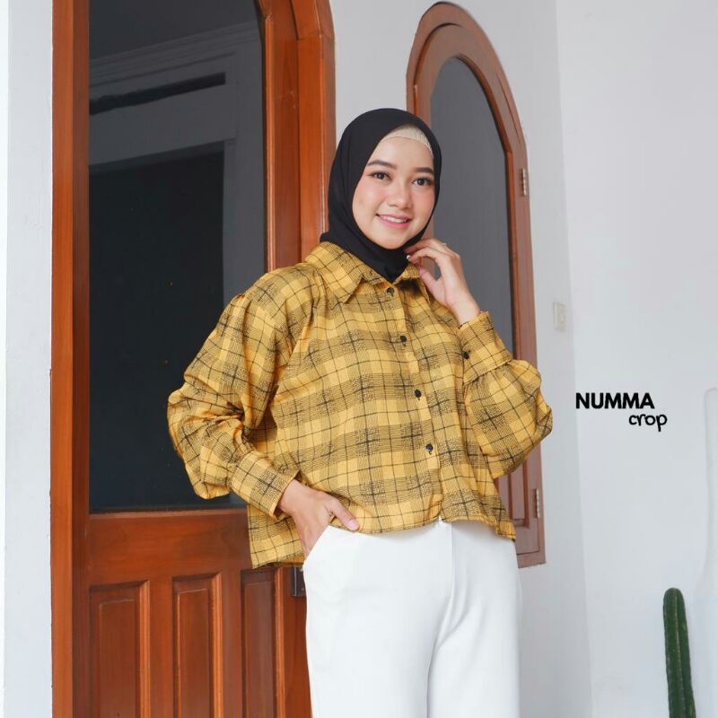 BLOUSE TARTAN LENGAN BALON MIZU KOREAN STYLE | KEMEJA MODEL FLANEL WANITA NUMMA-Numma Yellow