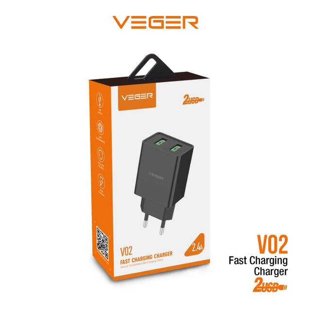 Charger V02 Veger Colokan micro usb 2.4Ampare 2Usb