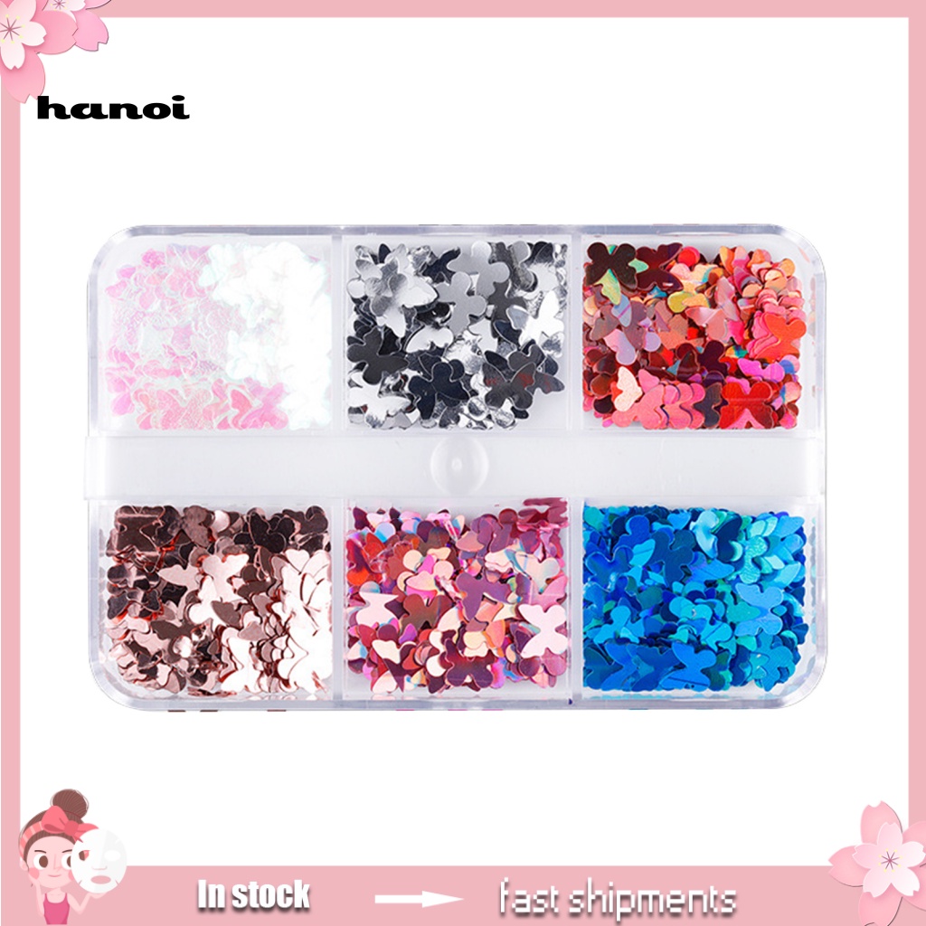 Han_ 6 Sekat / Kotak Payet Butterfly Untuk Dekorasi Nail Art