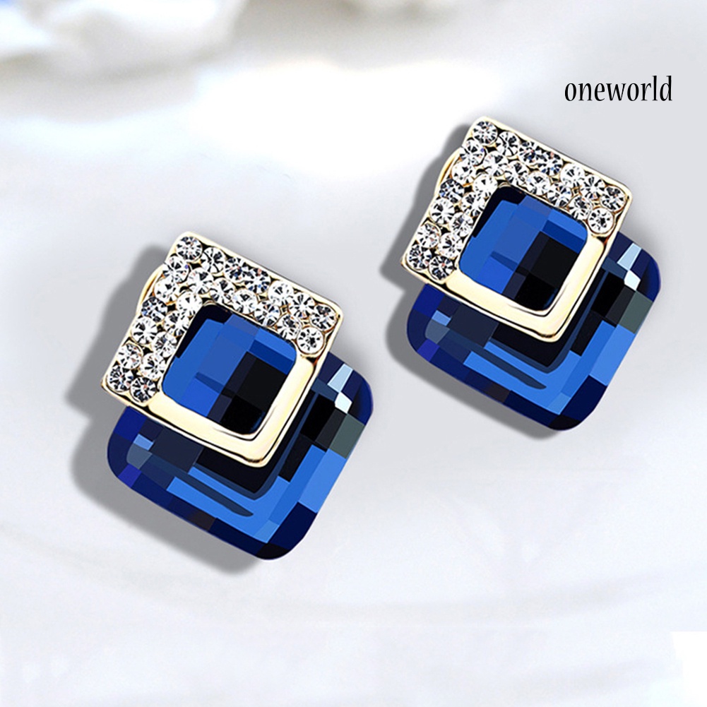 OW@ Concise Rhinestone Inlaid Square Stud Earrings Women Banquet Party Jewelry Gift