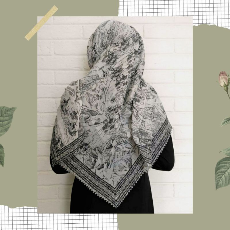 NEW JILBAB HIJAB VOAL MOTIF SYAR'I 130X130 PREMIUM SQUARE LASERCUT KERUDUNG SEGI EMPAT-PEGUNUNGAN PUTIH