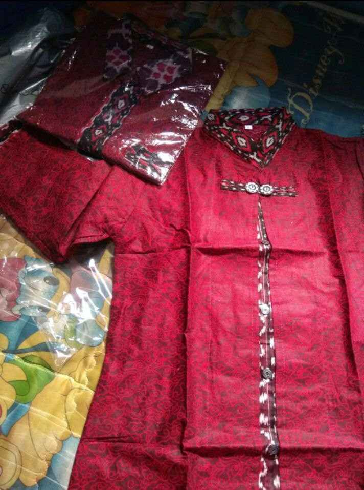 Promo Batik Couple Keluarga Sarimbit Sania Ruffle Batik Ori Ndoro Jowi Motif Mega Mendung Merah