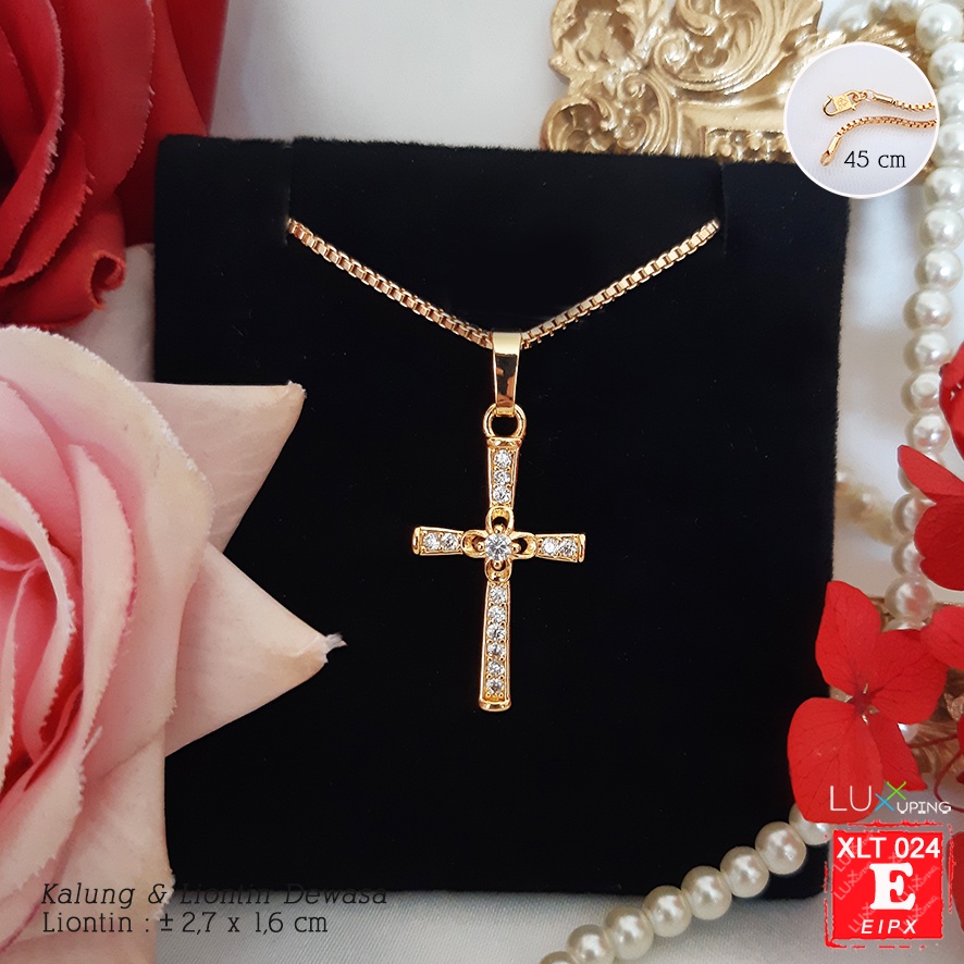 XLT 024  Kalung Salib Yesus Kristus Permata Zirkon Perhiasan Imitasi Lapis Emas 18K Aksesoris Rohani Kristen Katolik Rosario Luxx Xuping