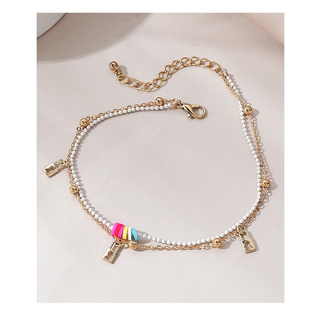 LRC Gelang Kaki Fashion Gold Color Rice Beads Beaded Lock-shaped Alloy Double Layer Anklet Y64797