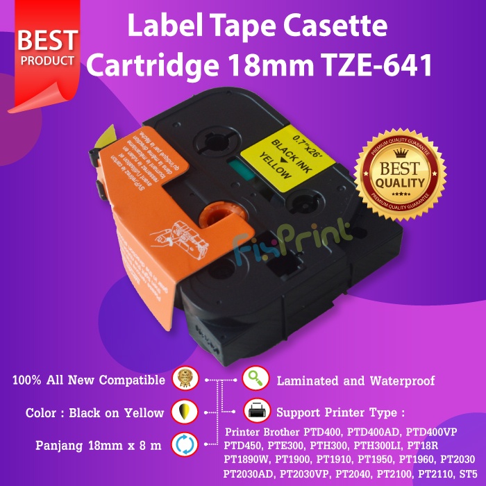 Label Tape 18mm TZe-641 Black On Yellow Brother PT-D450 E550WVP E800T Printer Brother PTD400, PTD400AD, PTD400VP, PTD450, PTE300, PTH300, PTH300LI, PT18R, PT300, PT310, PT320, PT340, PT1300, PT1700, PT1750, PT1760, PT1800, PT1810, PT1830, PT1880, PT1890W,