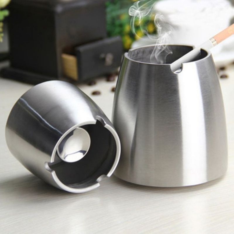 Asbak Rokok Portable Rotation Enclosed Stainless Steel - Anti Angin Cone Cylinder Silver