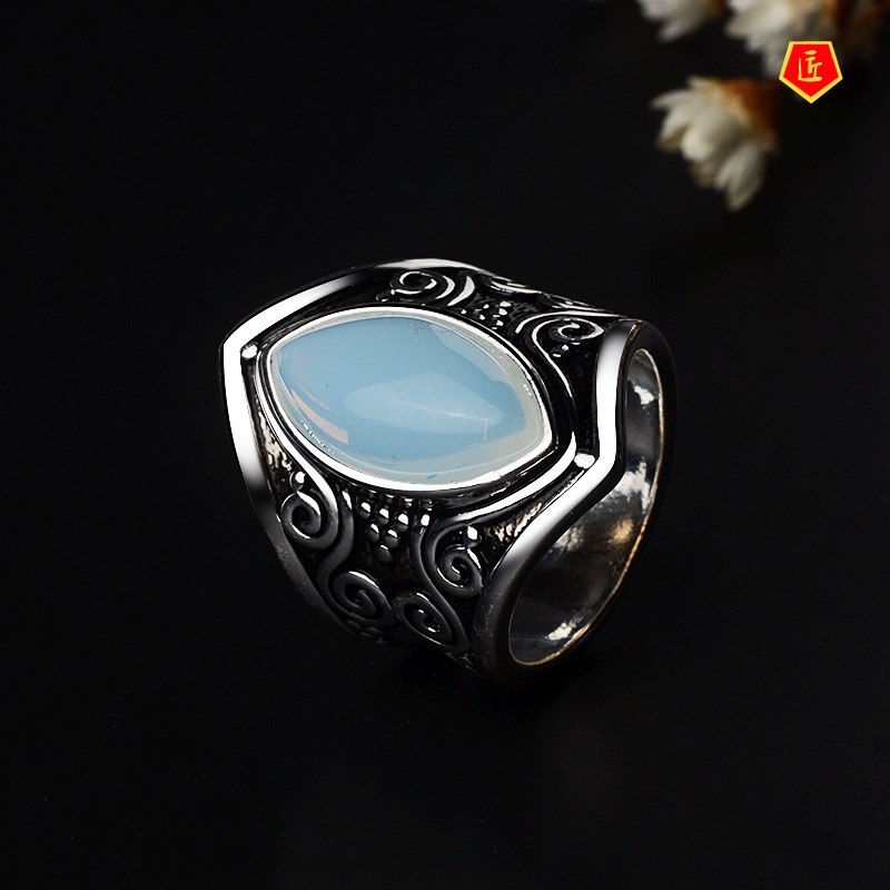 [Ready Stock]Fashion Retro Moonstone Opal Silver Ring Punk Exaggerated