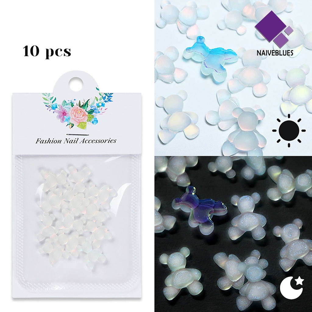 Naiveblue &gt; 10Pcs / Set Stiker Kuku Motif Beruang Glow In The Dark Untuk Nail Art / Manicure