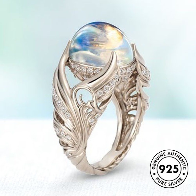 Cincin Sterling Silver 925 Model Sayap Malaikat Dengan Moonstone Untuk Wanita