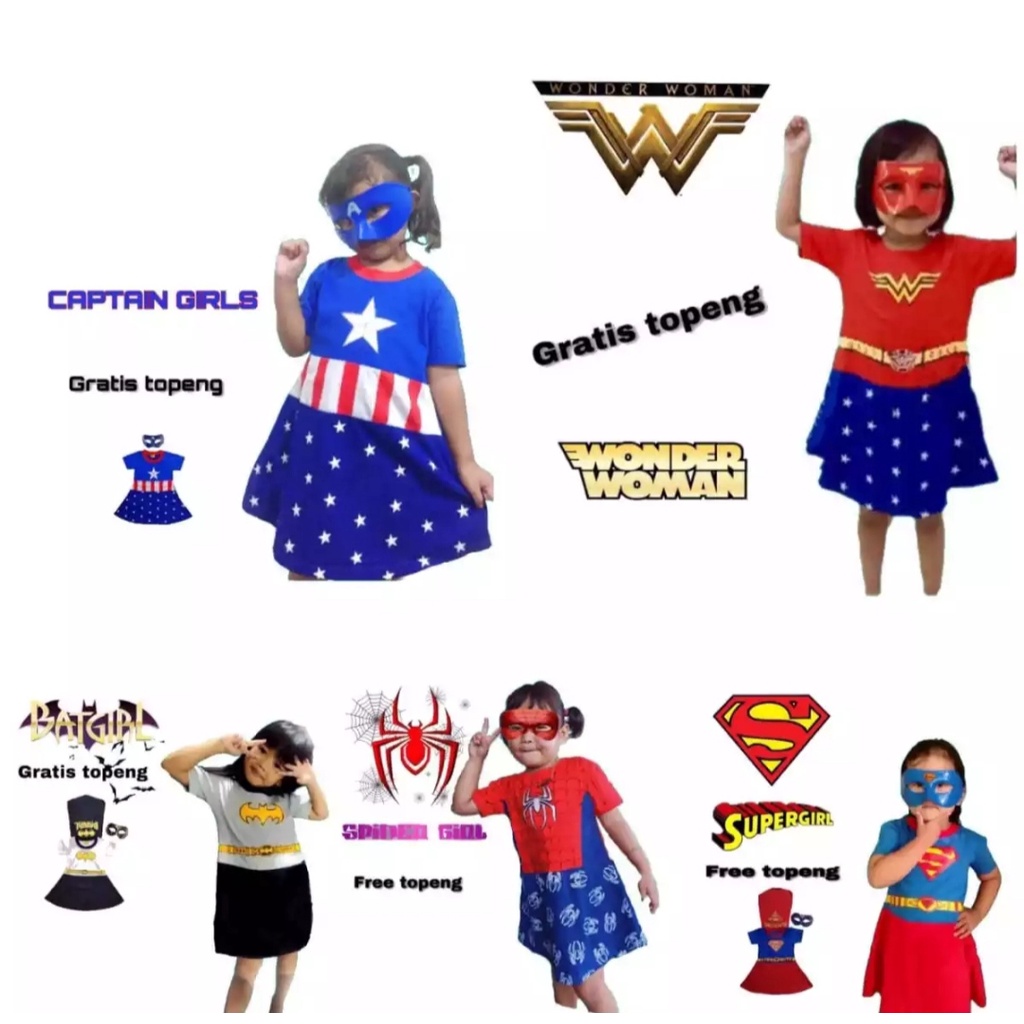 KOSTUM DRESS ANAK PEREMPUAN KOLEKSI WONDER WOMAN SUPERGIRL BATGIRL CAPGIRL SPIDERGIRL DRESS GRATIS TOPENG USIA 2-10 TAHUN BISA COD