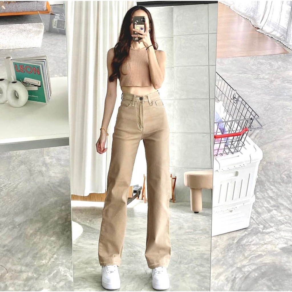 FWR -HIGHWAIST LOOSE JEANS KHAKI / KOREAN STYLE