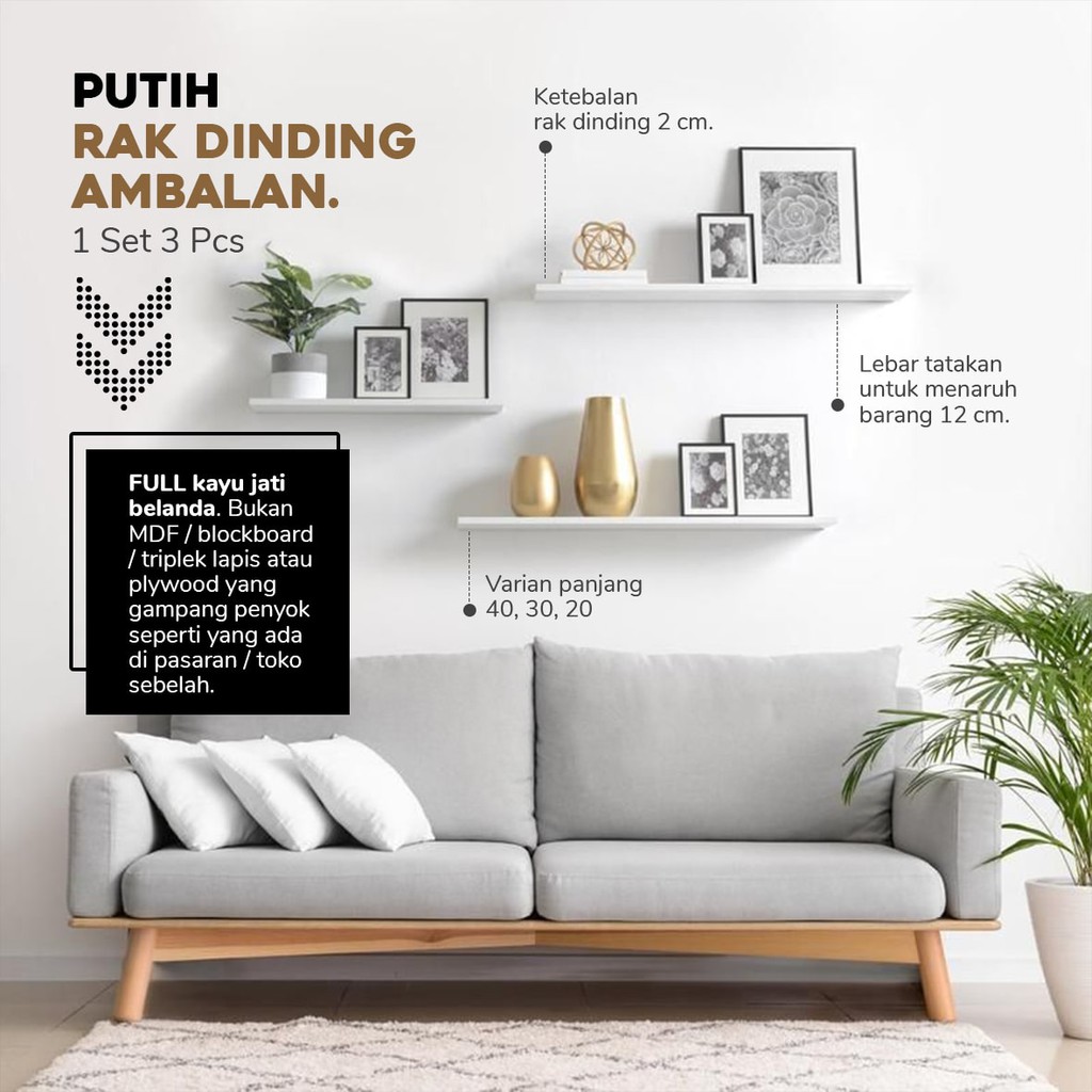 Rak Dinding Papan Ambalan Gantung Hiasan Tembok Dekorasi Kamar Tidur Minimalis Kayu Dapur (Putih)