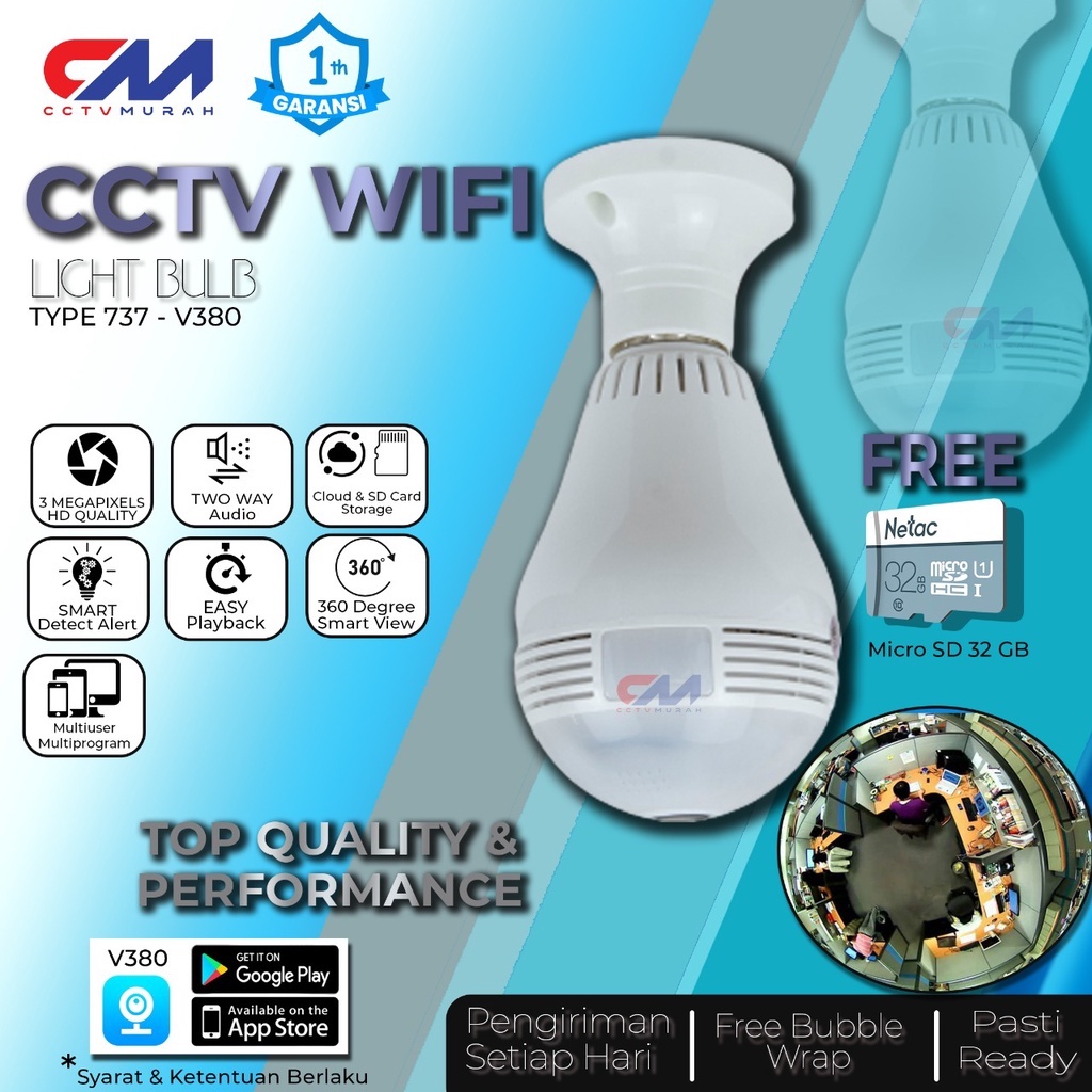 Camera CCTV WIFI || Type 737-V380 || Light Bulb CCTV BOHLAM 2MP IP WIRELESS 360 Derajat || FREE Micro SD Netac 32 GB