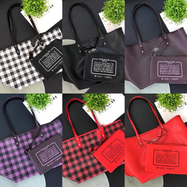 COACH Reversible City Tote With Gingham Print totebag bag tas ori asli square red merah black white