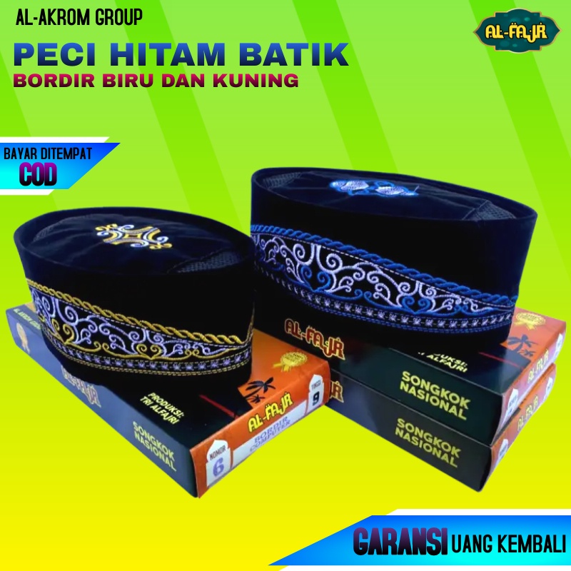 Peci Songkok Kopiah Hitam Motif Bordir Batik Biru Murah untuk Anak dan Dewasa