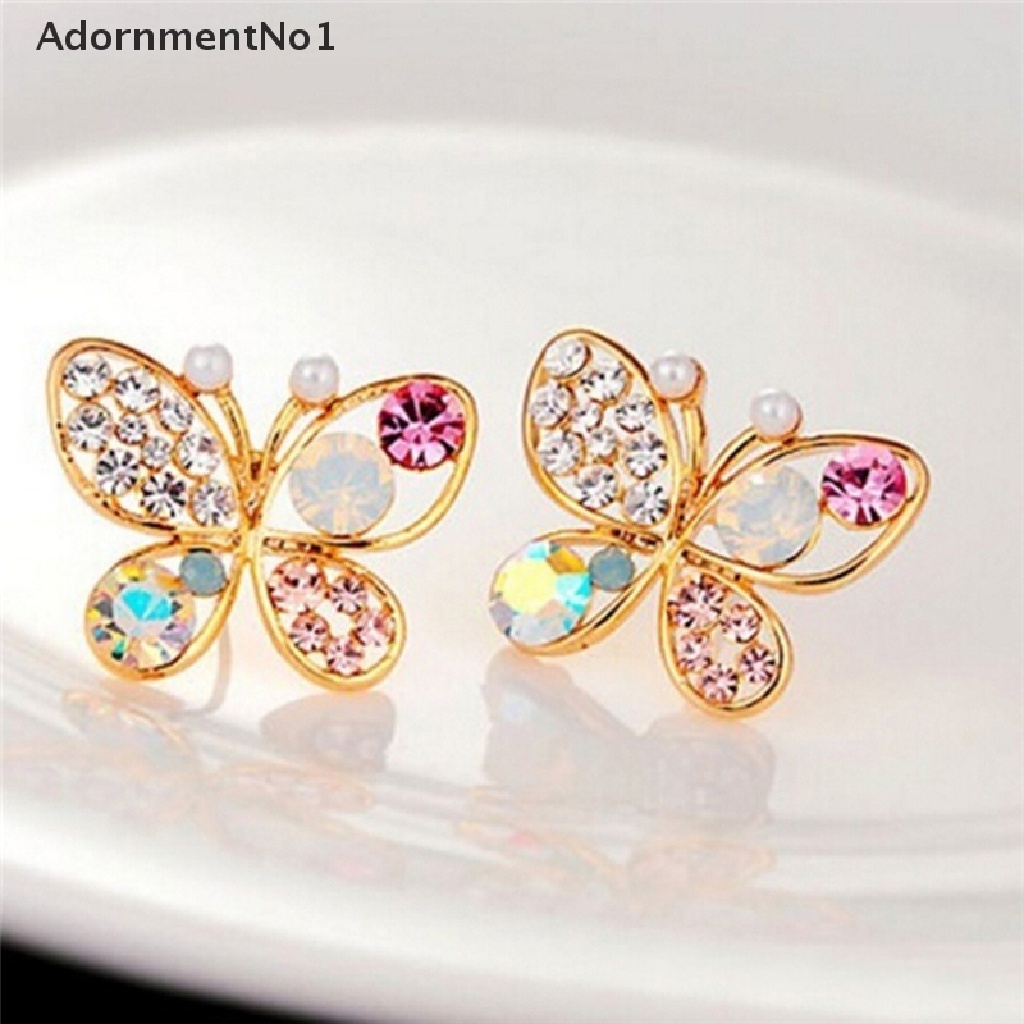 (AdornmentNo1) Anting Tusuk Bentuk Kupu-Kupu Aksen Hollow + Kristal + Berlian Imitasi Untuk Perhiasan Wanita Butterfly