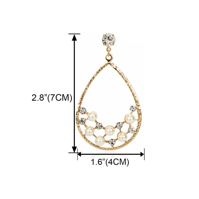 LRC Anting Tusuk Fashion Golden Drop-shaped Alloy Acrylic Pearl Earrings With Diamonds K44368